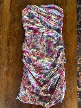 Vintage Le Château Pastel Watercolor Satin Ruched Strapless Dress – Romantic